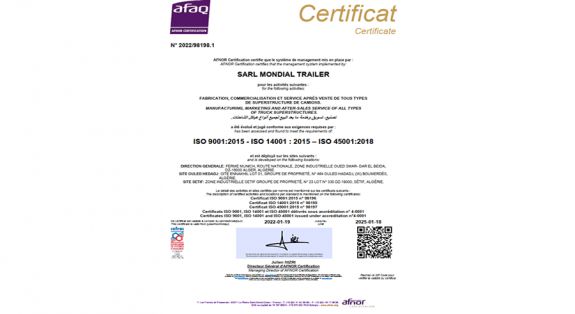 Sarl Mondial Trailer  a été certifiée ISO Qualité-Environnement-Santé et Sécurité au travail «...