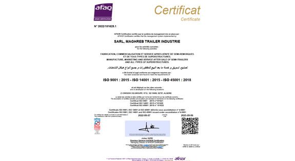 Sarl MAGHREB Trailer Industrie a été certifiée ISO Qualité-Environnement-Santé et Sécurité au travail...