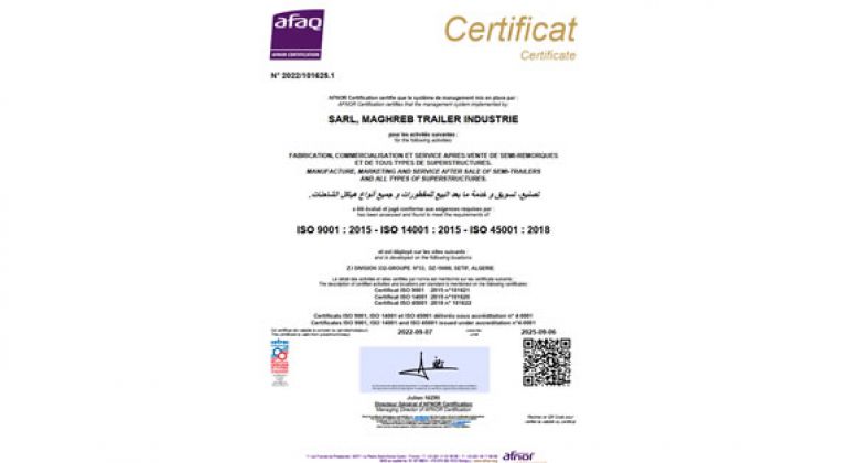 Sarl MAGHREB Trailer Industrie a été certifiée ISO Qualité-Environnement-Santé et Sécurité au travail...